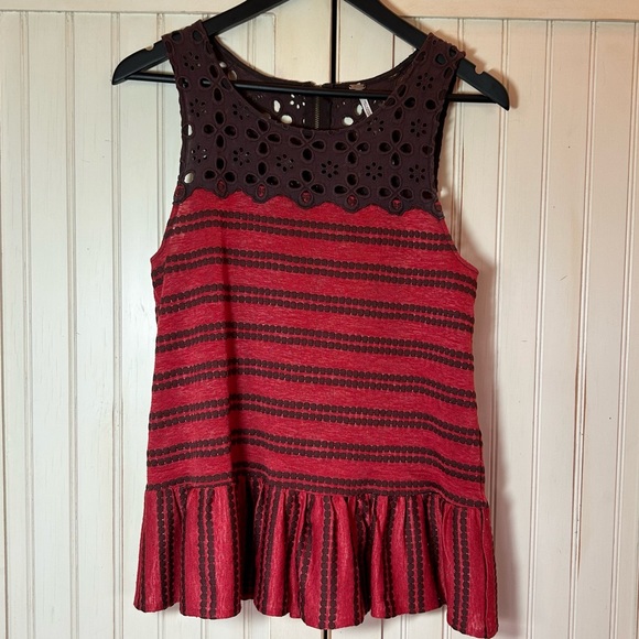 Free People Red Brown Striped Molly Retro Peplum Eyelet Top Sz S EUC - Picture 6 of 13